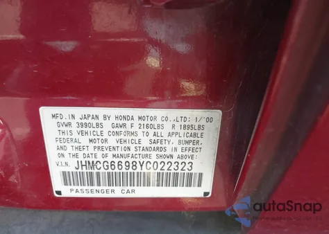 2000 Honda Accord 2.3 Se from USA, damaged, VIN JHMCG6698YC022323